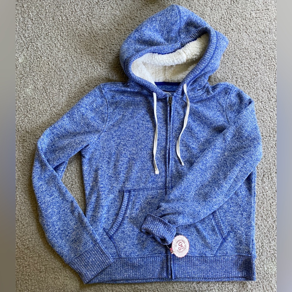 SO Sherpa Zip Hoodie - Heathered Blue, white Sherpa hood lining. Size Medium